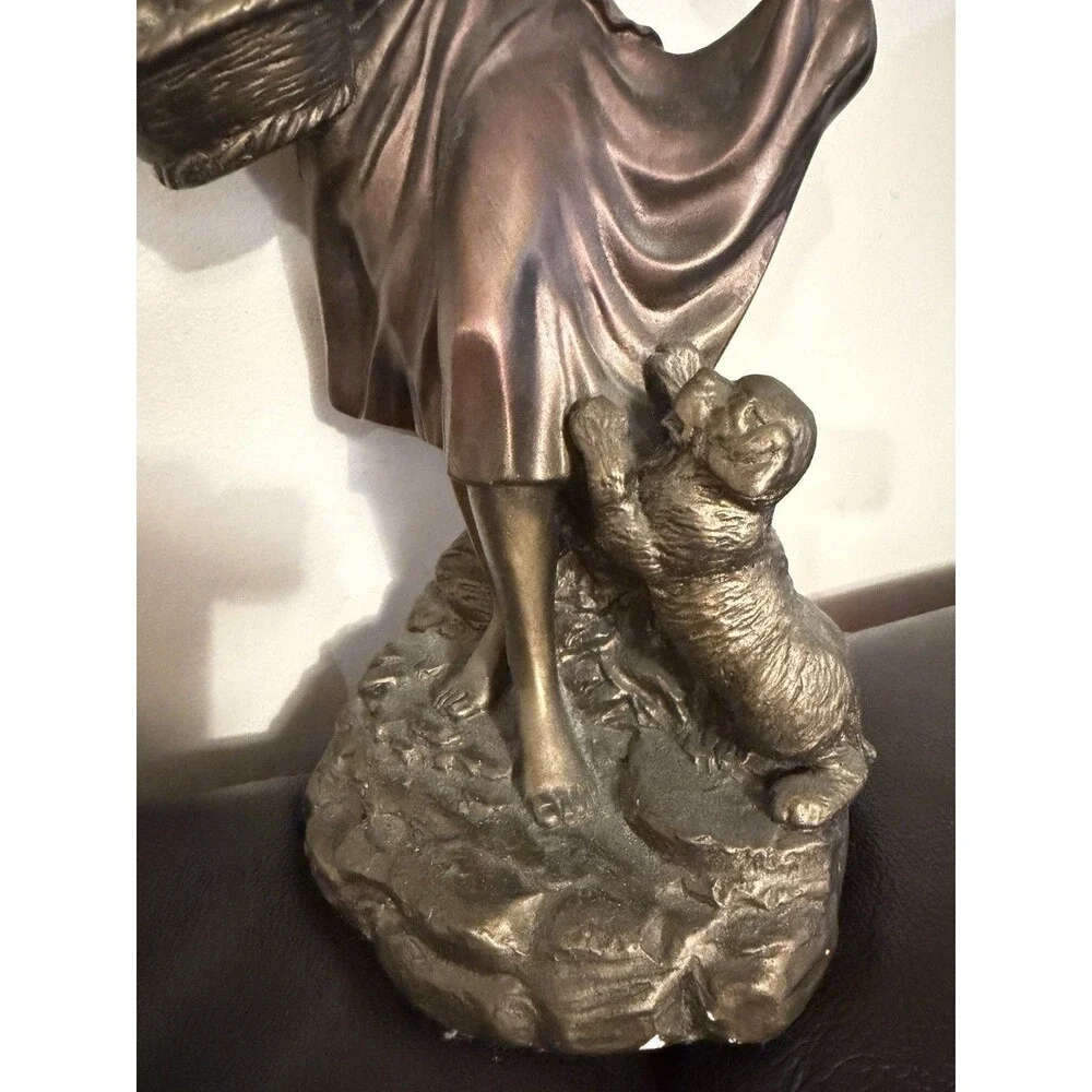 Vintage 1993 Austin Sculpture Morning Walk Woman Fruit Basket Dog 14.5” Statue